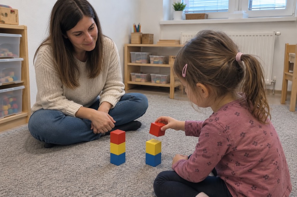 Terapeutka sedí na koberci a sleduje dievčatko, ktoré stavia veže z farebných kociek