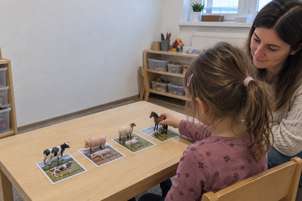 Dievčatko priraďuje figúrky zvierat k obrázkom